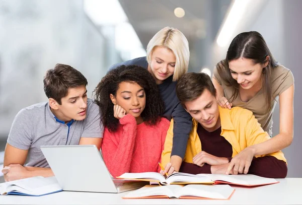 Group Students Laptop Books Classroom — ストック写真