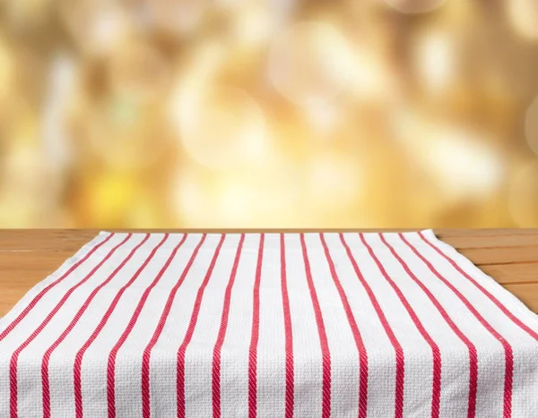 Red Striped Tablecloth Wooden Table — Stock Photo, Image