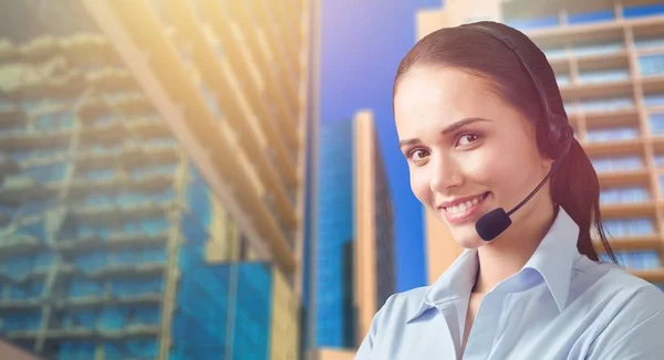 Woman Call Center operator on background