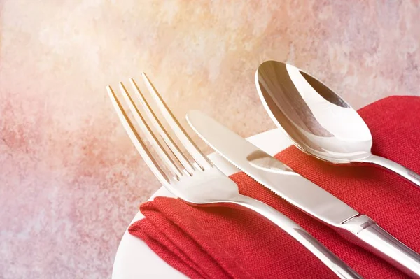 Fork Spoon Knife White Plate — Stock Photo, Image