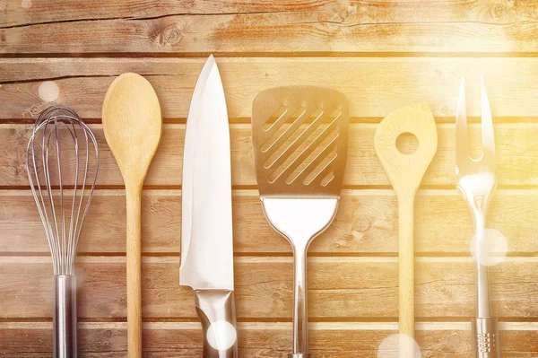 Kitchen Utensils Wooden Background — Stock Photo, Image