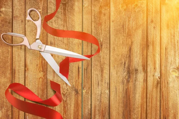 Vintage Wooden Christmas Background Ribbon Scissors — Stock Photo, Image