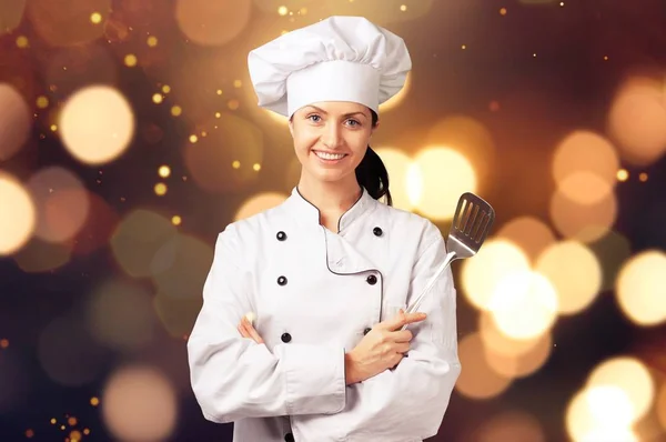 快乐的女厨师背景 — 图库照片