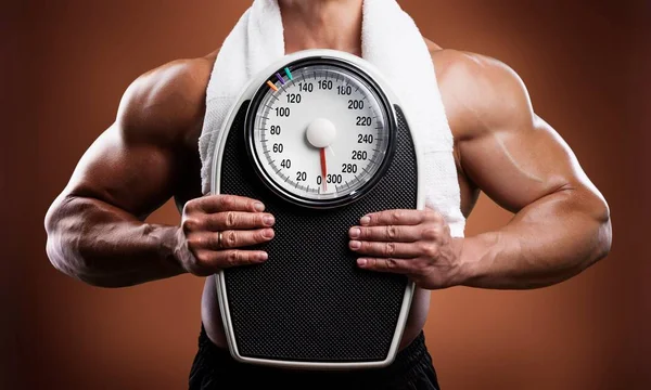 Healthy Lifestyles Concept Man Holding Bathroom Scale — Stock Photo, Image