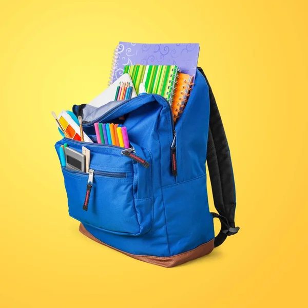 Schulrucksack Mit Schreibwaren Zurück Zum Schulhintergrund — Stockfoto