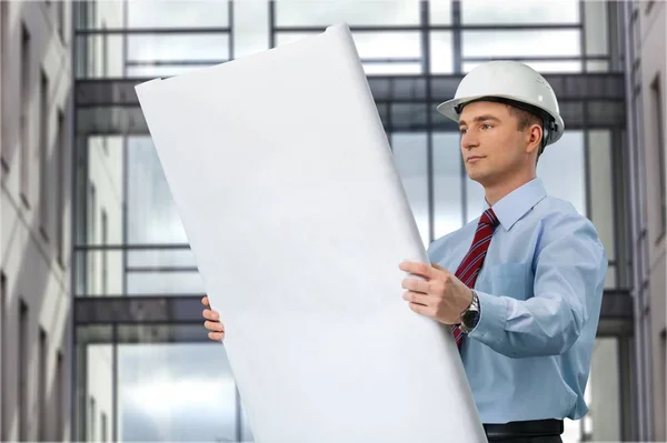 Joven Hombre Negocios Con Plano — Foto de Stock