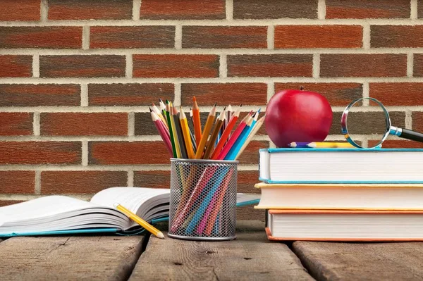 School Stationery Wooden Table — Stock Photo, Image