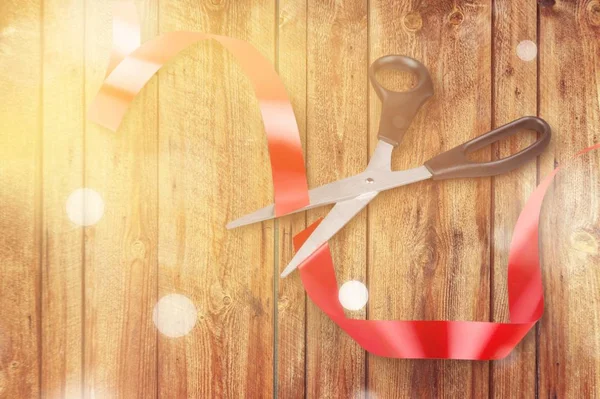 Scissors Cutting Red Ribbon Close View Background — Stock Photo, Image
