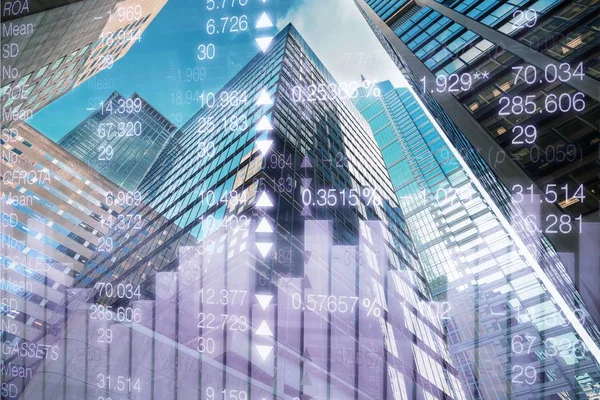 financial icons against modern skyscrapers background
