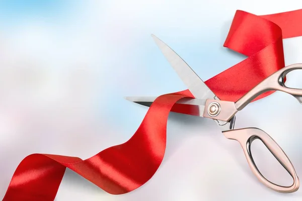 Scissors Cutting Red Ribbon Close View Background — Stock Photo, Image