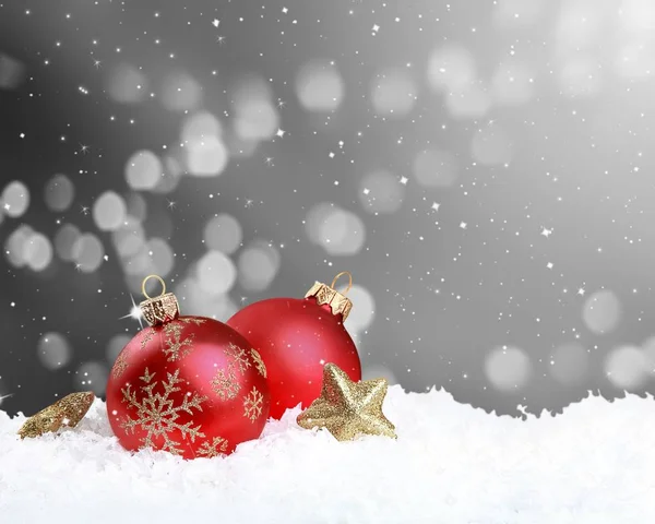 Rosso Palle Natale Sfondo Neve — Foto Stock