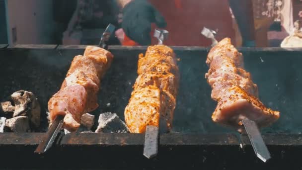 Šíš kebab vařené na grilu v přírodě. Pouliční stánky s jídlem. Maso grilované na špízu
