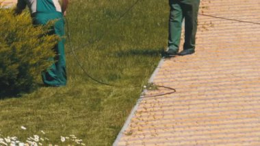 Bahçıvanlar çalışma çim bir elektrikli çim biçme makinesi ile Mows