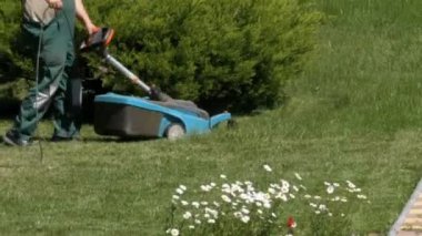 Taşınabilir bir elektrik Lawnmower adamla parkta çim yeşil çimlere Mows
