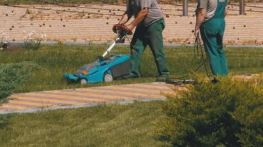 Bahçıvanlar çalışma çim bir elektrikli çim biçme makinesi ile Mows