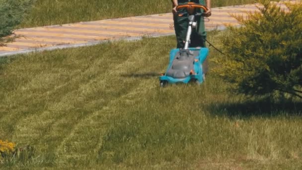 Taşınabilir bir elektrik Lawnmower adamla parkta çim yeşil çimlere Mows — Stok video