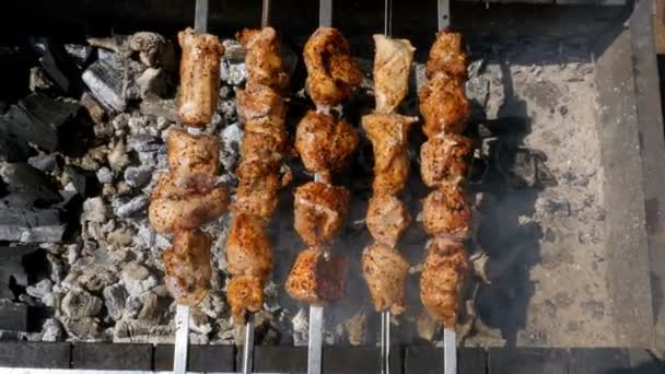 Vista superior de Shish kebab cocinado en la parrilla en la naturaleza. Comida callejera — Vídeo de stock