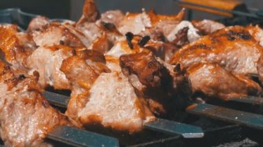 Şiş kebap doğada ızgarada pişmiş. Sokak gıda. Üzerinde şiş ızgara et