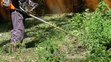 Adam Mows yavaş çekimde taşınabilir bir çim biçme makinesi kullanarak çimen