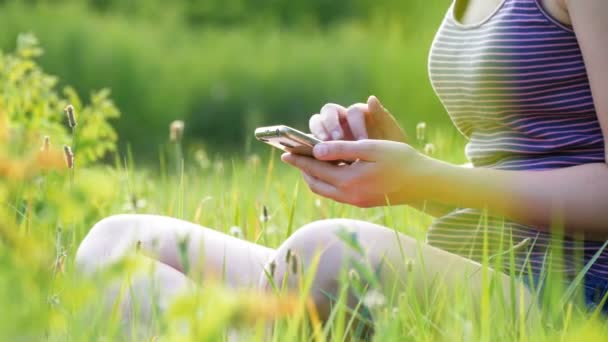 Щасливі молода жінка, сидячи на зеленій галявині і використовує смартфон на мальовничі поля на тлі заходу сонця — стокове відео