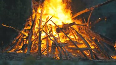 Ormanda geceleri dalları yanmak dan büyük kamp ateşi