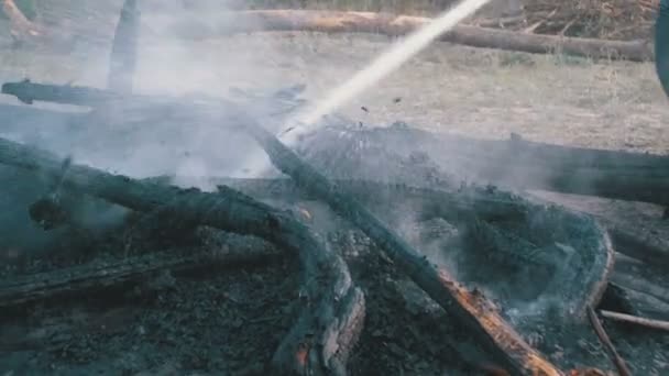 Släcka en brand med vatten genom en Firehose — Stockvideo