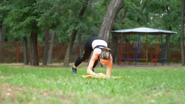 运动服装的年轻运动员妇女从事健身躺在一个绿色的草坪公园的地毯上 — 图库视频影像