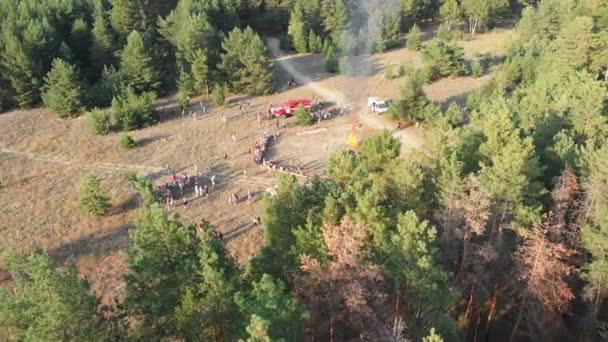 Vista aérea de la reunión organizada de personas cerca de una gran fogata en un bosque de pinos — Vídeos de Stock