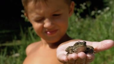 Küçük çocuk tutan bir kurbağa Nehri yakınında sahilde elinde.