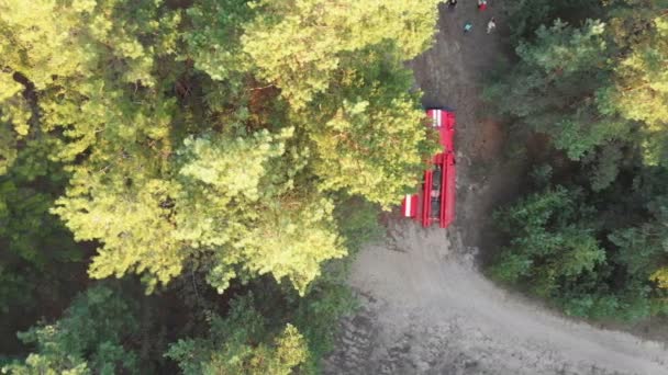 Pohled shora na červené hasičské auto v borovém lese. Letecký pohled na letící nad lesní cesta — Stock video