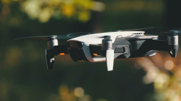 Lennokki kameran kanssa leijuu ilmassa. Quadcopter lentää maanpinnan yläpuolella metsässä — kuvapankkivideo