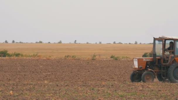 Old tractor plowing field — Stock Video