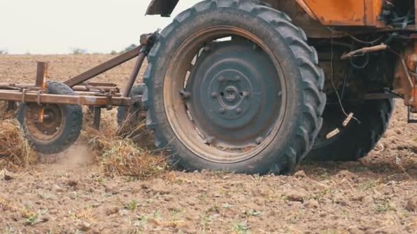 Old tractor plowing field. Slow Motion — Stock Video