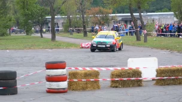 Championship in Rally. Rally Racing on sports cars on the asphalt road in the city — Stock Video