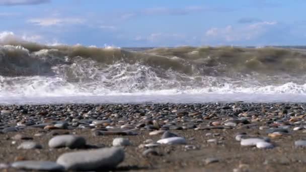 Storm on the Sea. Bottom view of the Stony Shore. Huge Waves are Crashing on the Beach — Stock Video