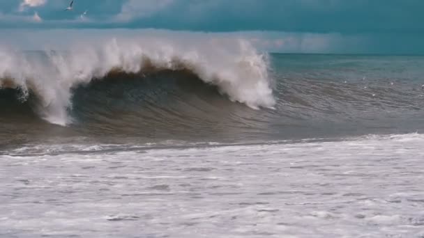 Storm op zee. Enorme golven zijn verplettert en sproeien op de oever. Slow Motion — Stockvideo