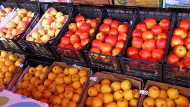 Mostra com maçãs no mercado de rua. Mercado agrícola . — Vídeo de Stock