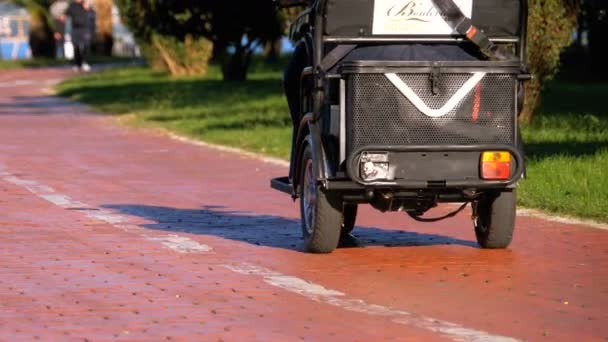 Lidé na koni tři kolový elektrický skútr na cyklostezce v parku. Zpomalený pohyb — Stock video