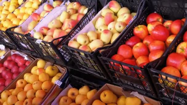 Mostra com maçãs no mercado de rua. Mercado agrícola . — Vídeo de Stock