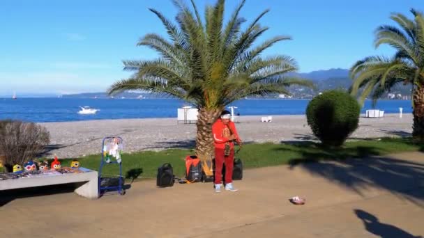 一位身着印度秘鲁服装的街头音乐家演奏南美竹笛潘并唱歌 — 图库视频影像