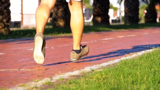 Człowiek biegnie wzdłuż ścieżki rowerowej w parku. Jogging w parku. Zwolnionym tempie — Wideo stockowe