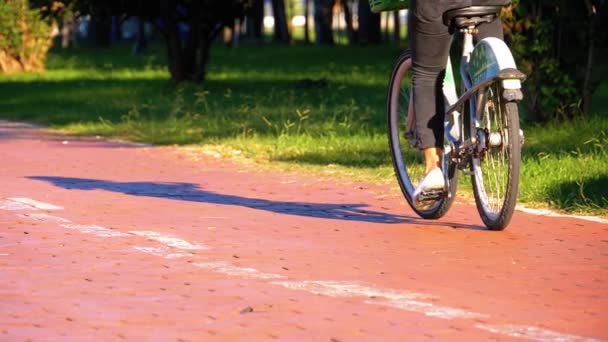 Człowiek jazdy trójkołowy skuter elektryczny na ścieżki rowerowe w parku. Zwolnionym tempie — Wideo stockowe