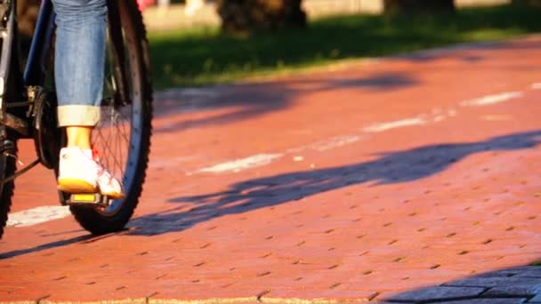 People Riding an Three-wheeled Electric Scooter on Bike Path in the Park. Slow Motion — Stock Video