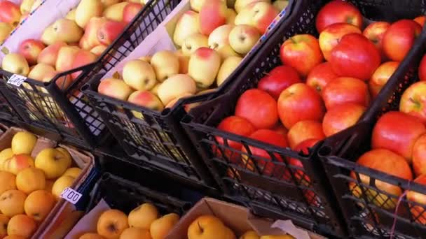 Mostra com maçãs no mercado de rua. Mercado agrícola . — Vídeo de Stock