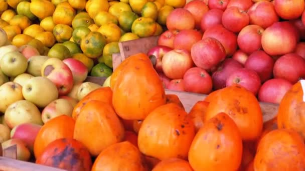 Escaparate con mandarinas, manzanas, peras, caqui y diferentes frutas en el mercado callejero — Vídeos de Stock