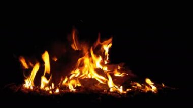 Gece kamp ateşi. Günlükleri turuncu alevler içinde yanan