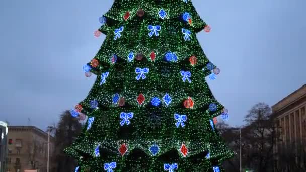 Рождественская елка на центральной площади города вечером — стоковое видео