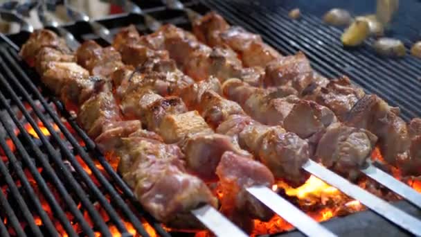 Carne grelhada em espetos na grelha no mercado de rua — Vídeo de Stock