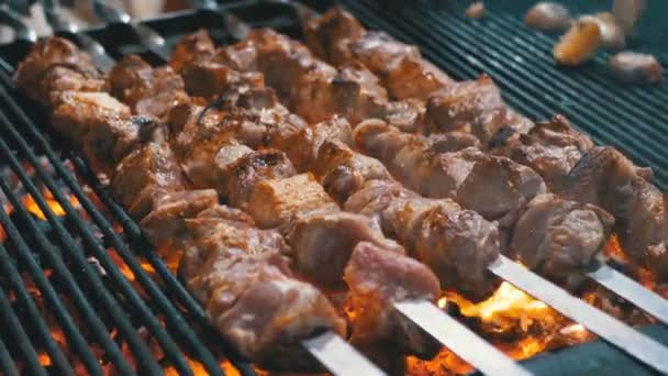 Fleisch am Spieß auf dem Grill auf dem Wochenmarkt — Stockvideo