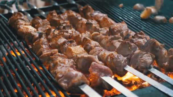 Carne grelhada em espetos na grelha no mercado de rua — Vídeo de Stock